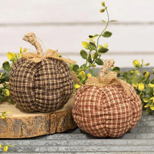 Set of 2 Small Country Plaid Fabric Pumpkin