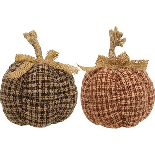 Set of 2 Small Country Plaid Fabric Pumpkin - Image 2