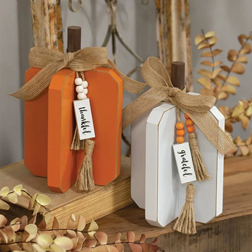 Set of 2 Small Fall Words Charm Wooden Interlocking Pumpkins - Image 2