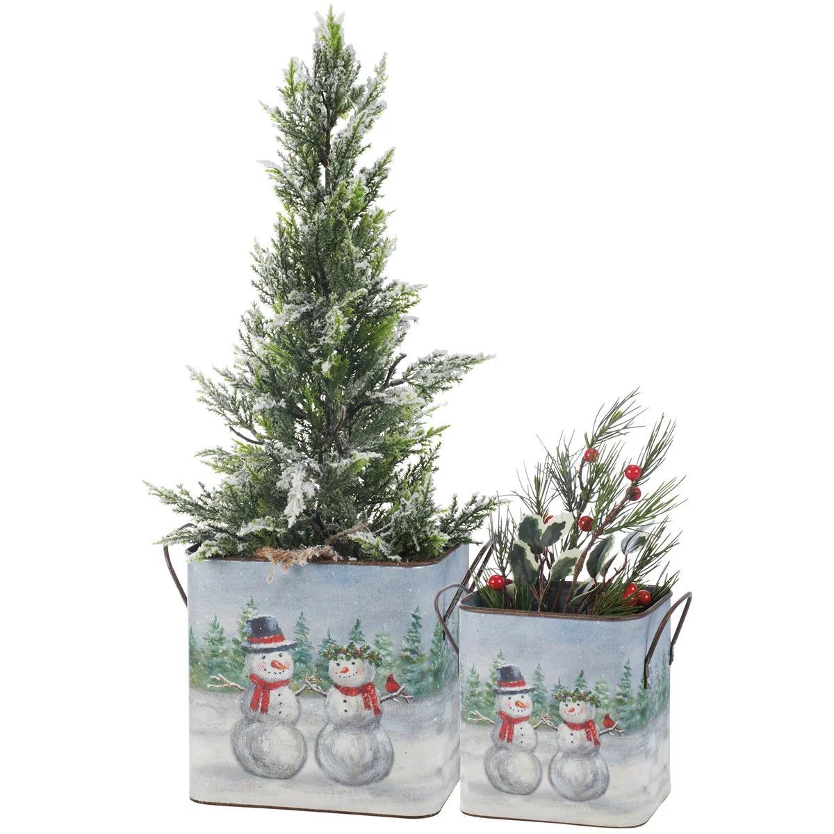 Set of 2 Snow Family Snowmen Winter Scene Metal Bins - Image 2