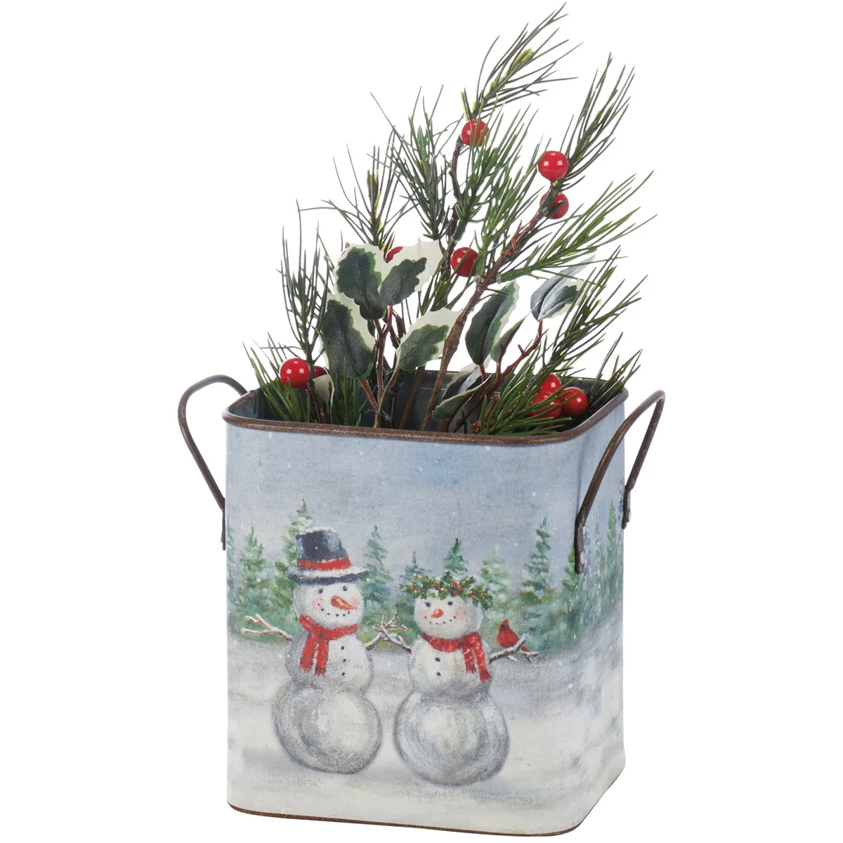 Set of 2 Snow Family Snowmen Winter Scene Metal Bins - Image 4