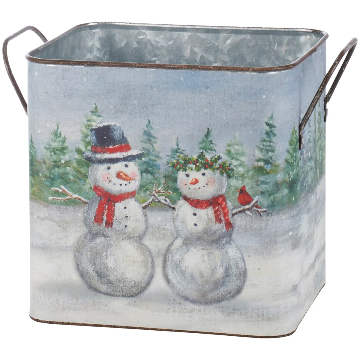 Set of 2 Snow Family Snowmen Winter Scene Metal Bins - Image 5
