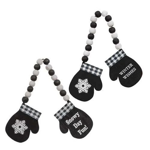 ๐ Set of 2 Snowy Day Fun Winter Wishes Beaded Hanging Mittens Ornaments