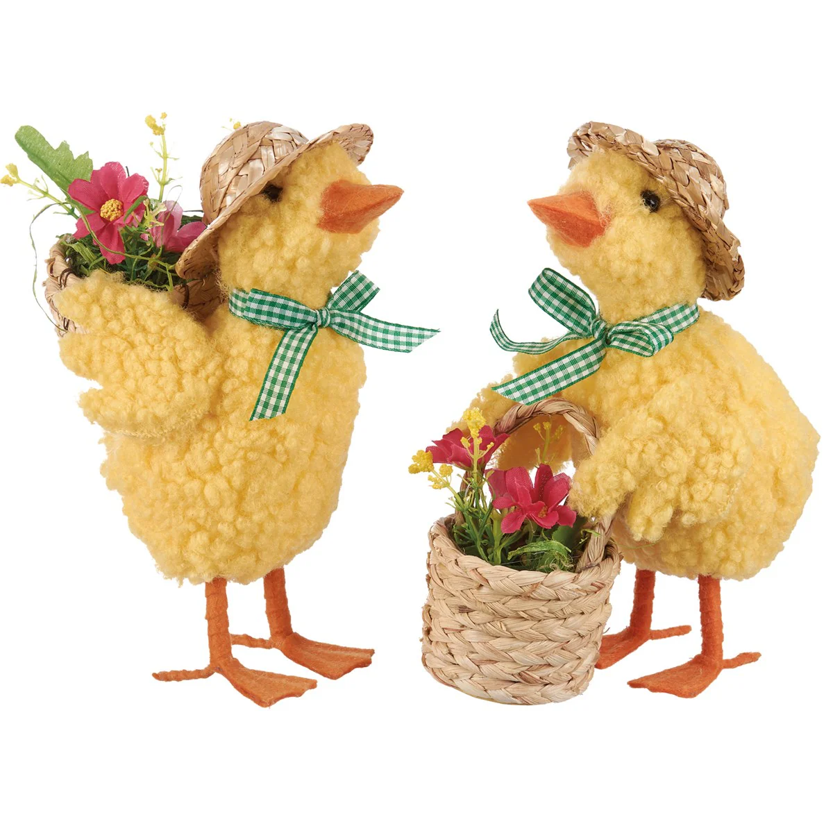 Set of 2 Spring Chicks with Garden Basket and Flowers