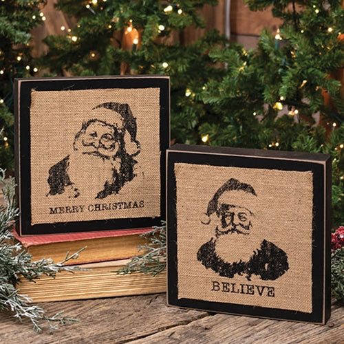 Set of 2 Stamped Burlap Santa Box Signs - Image 4