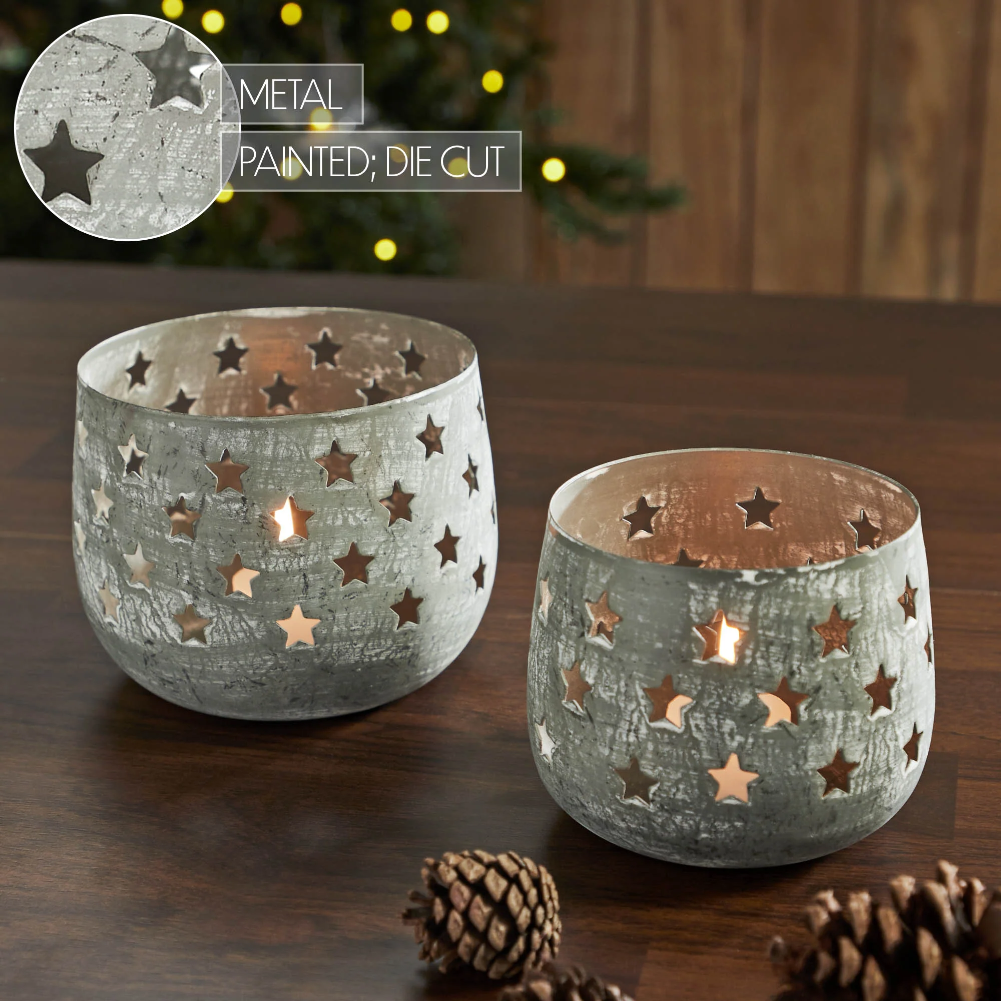 Set of 2 Starbright Distressed Gray Metal Candle Holders - Image 5