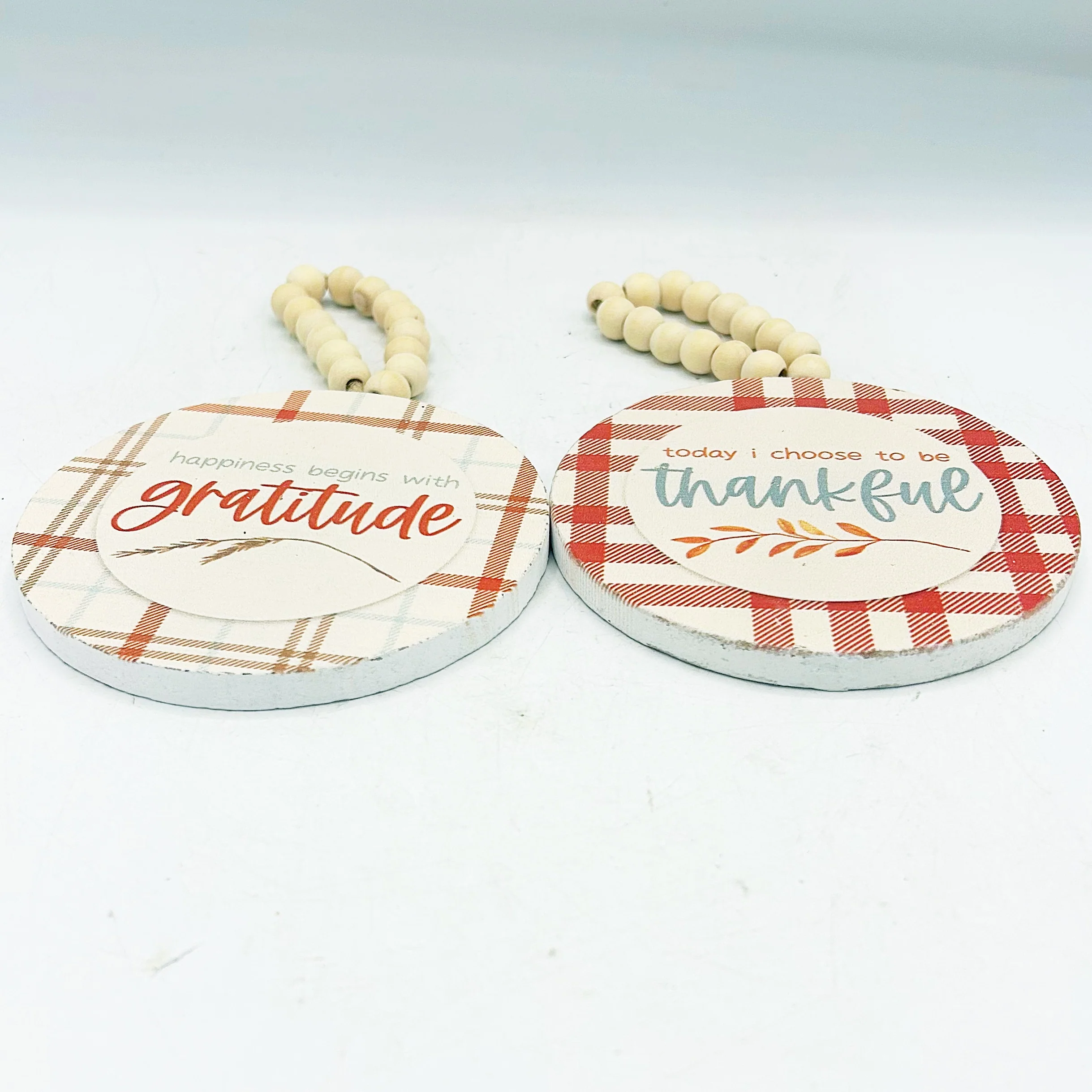 💙 Set of 2 Thankful and Gratitude Plaid Beaded Round Ornaments - Image 2