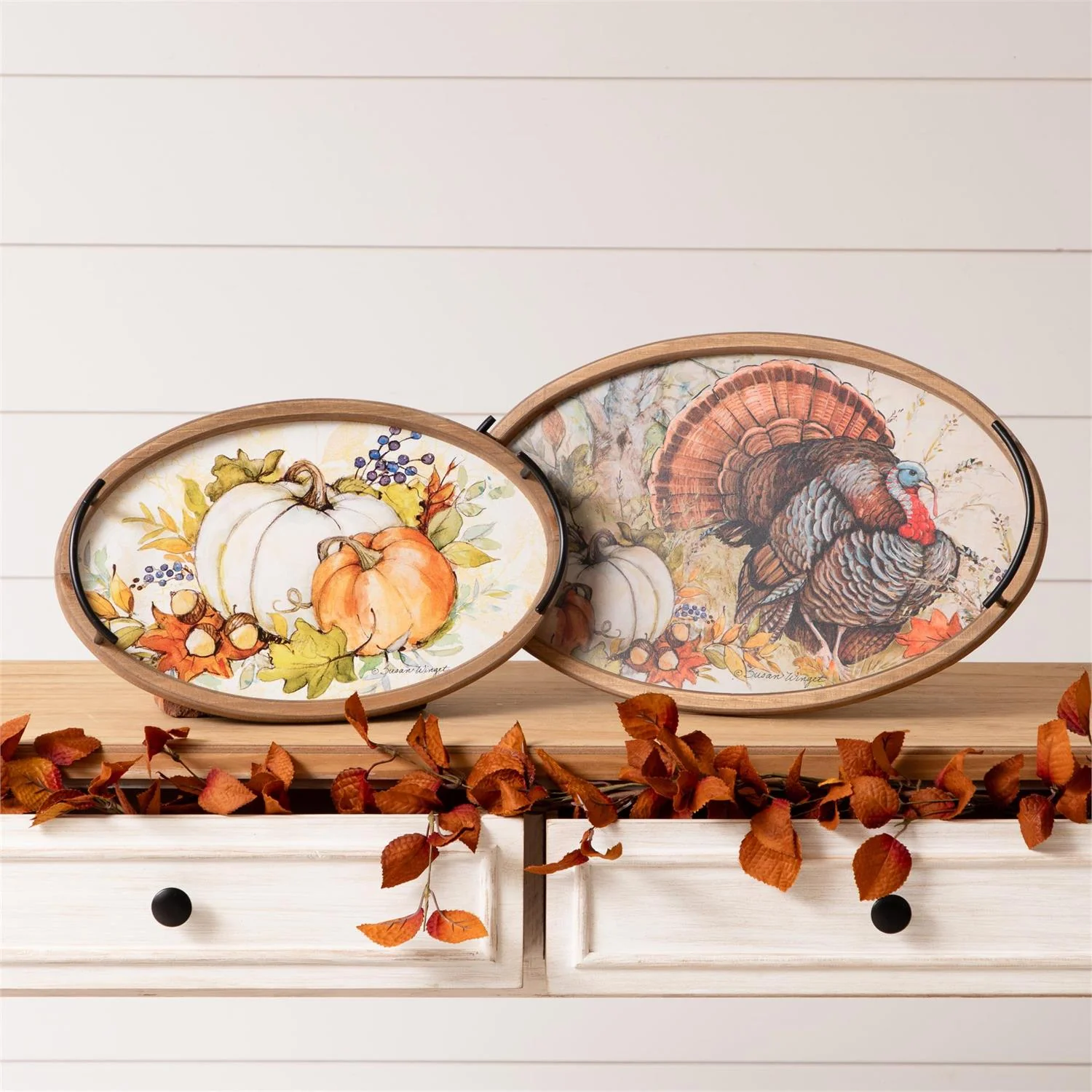 Set of 2 Turkey and Pumpkin Decorative Trays