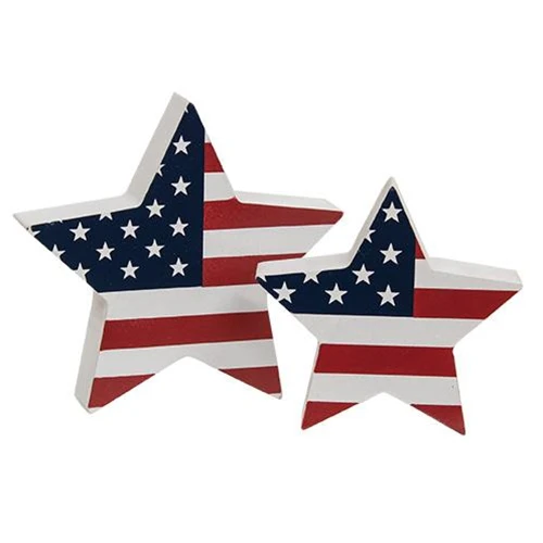Set of 2 USA Flag Star Small Wooden Shelf Sitters