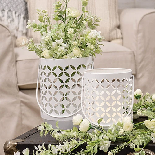 Set of 2 White Geometric Trellis Lanterns - Image 2