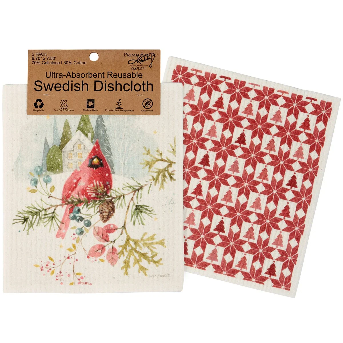 Set of 2 Winter Cardinal Swedish Dishcloths