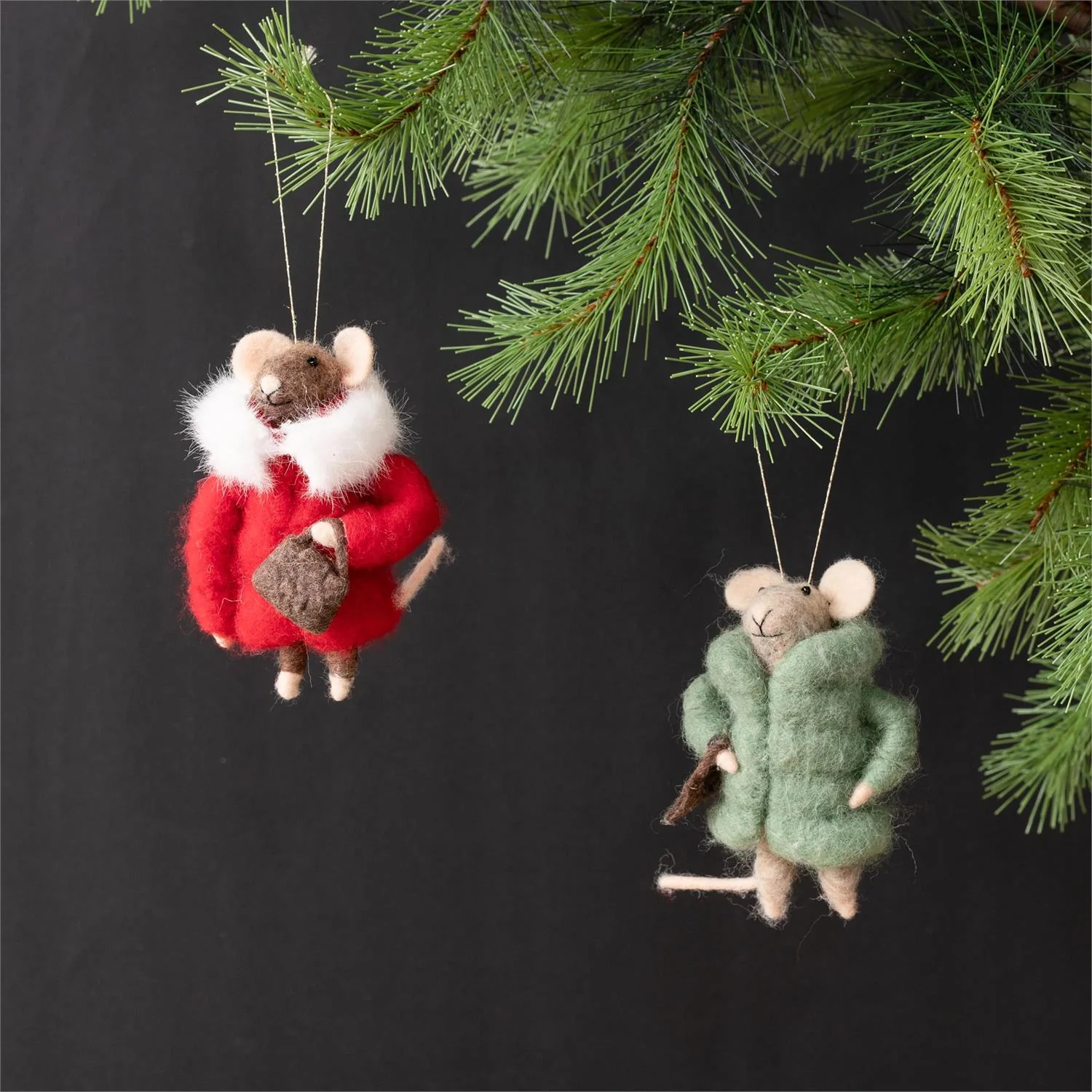 Set of 2 Winter Coat and Purse Felt Mice Ornaments - Image 2