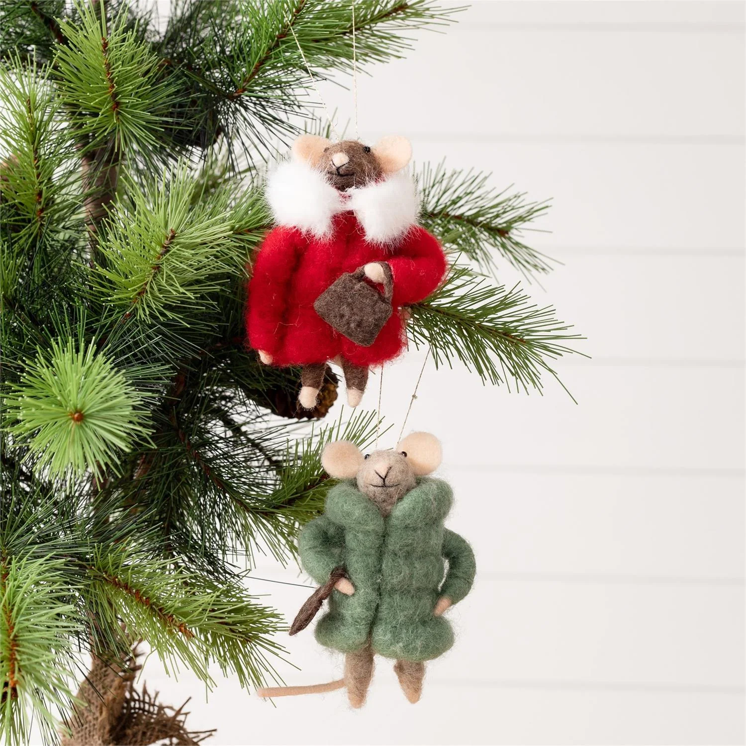 Set of 2 Winter Coat and Purse Felt Mice Ornaments - Image 3