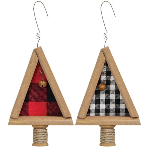 Set of 2 Wood & Plaid Felt Christmas Tree Ornaments
