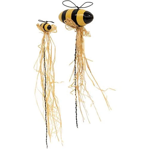 ๐ Set of 2 Wooden Bee And Raffia Picks