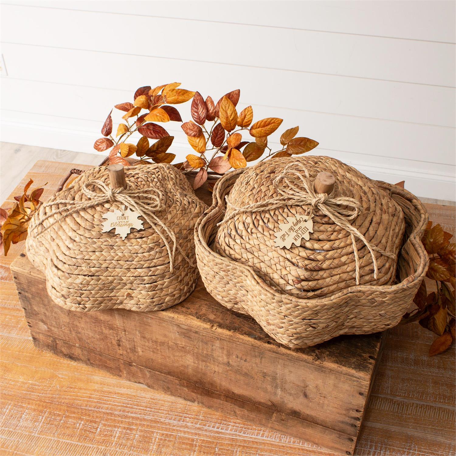 Set of 2 Woven Hyacinth Nested Pumpkins - Image 3