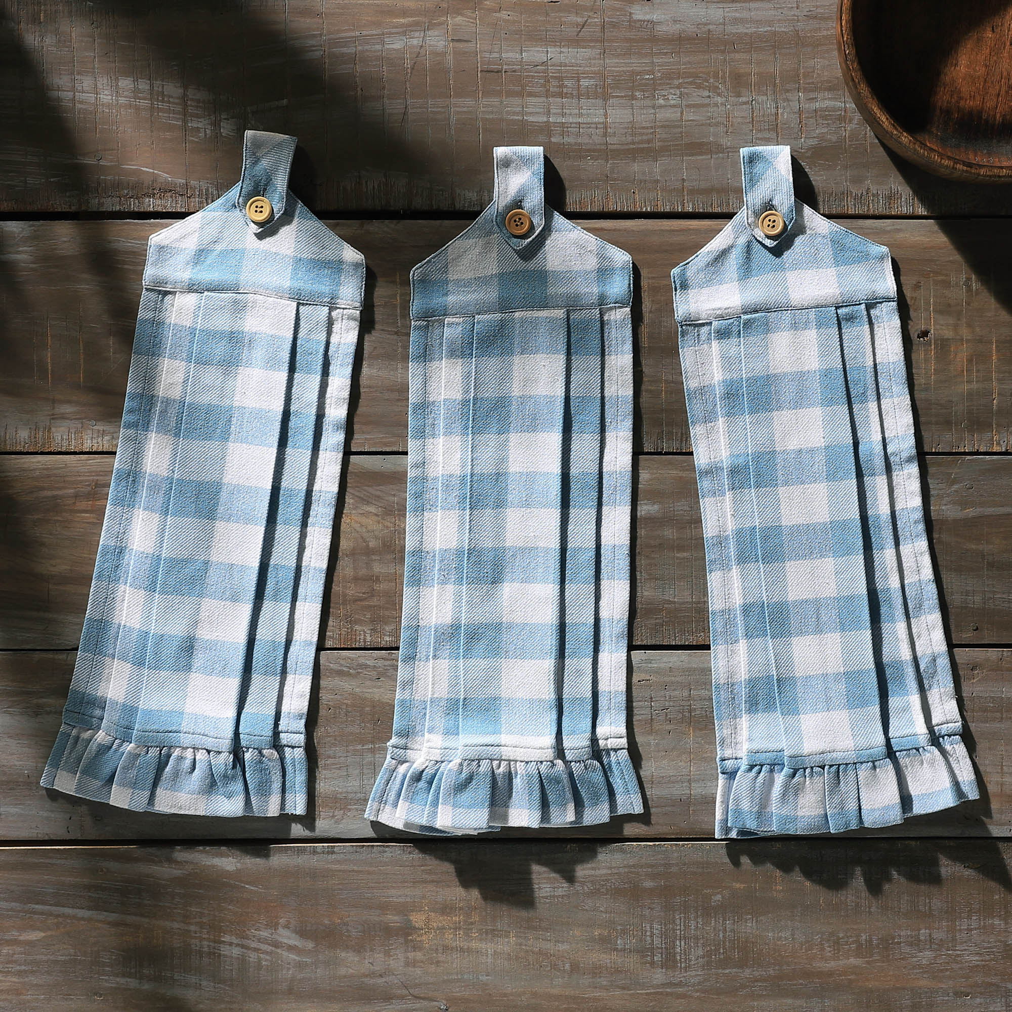 Set of 3 Annie Buffalo Check Blue Button Loop Tea Towels