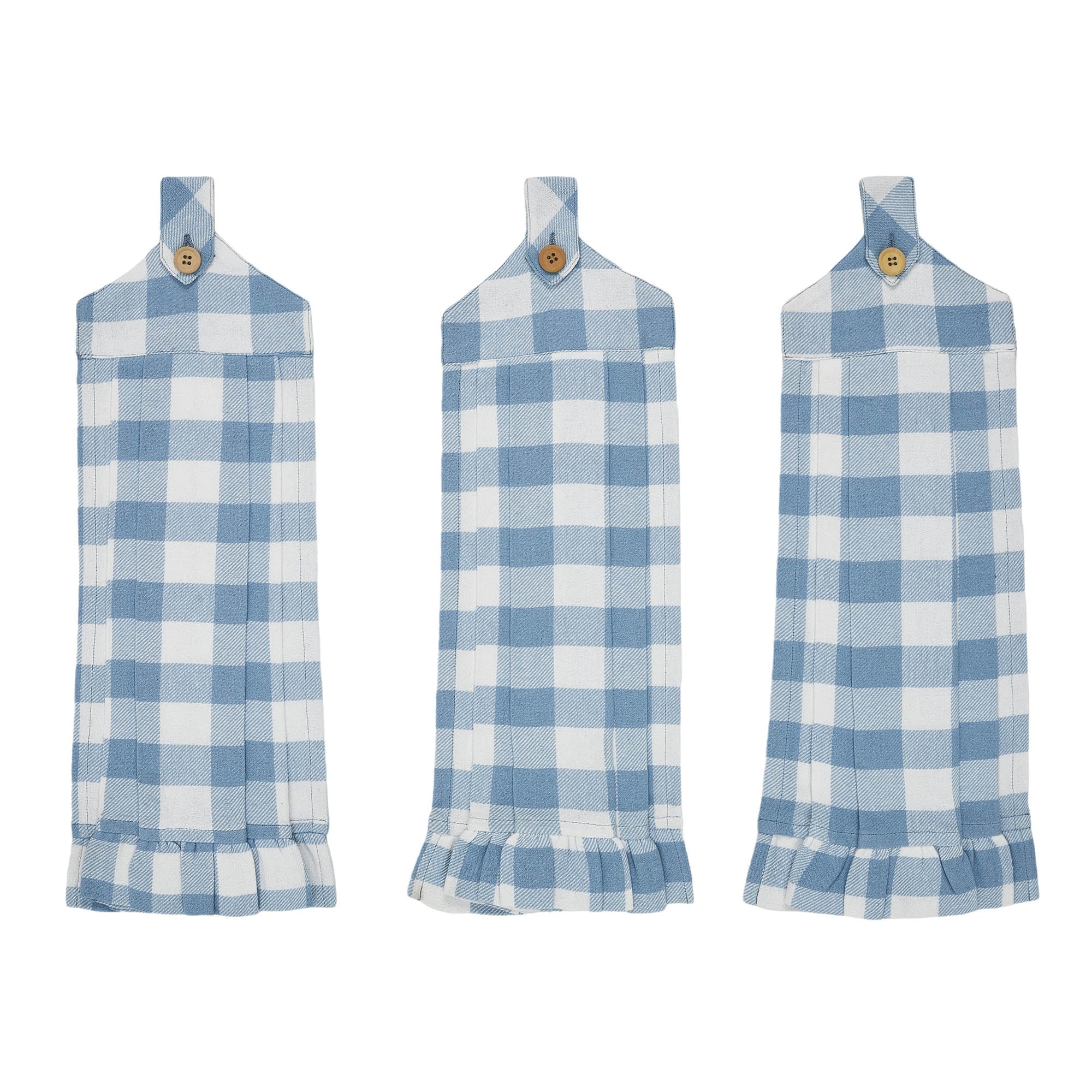 Set of 3 Annie Buffalo Check Blue Button Loop Tea Towels - Image 2
