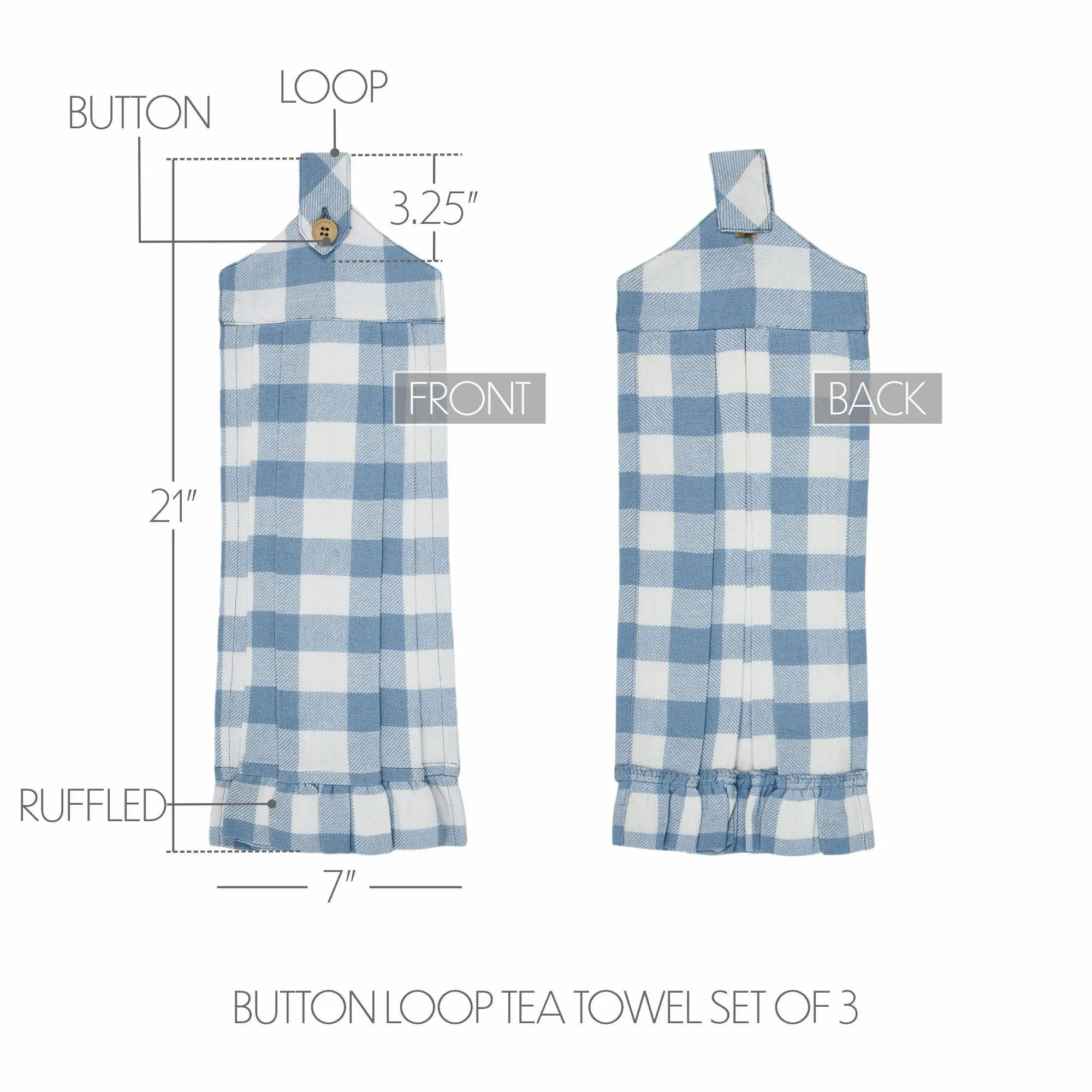 Set of 3 Annie Buffalo Check Blue Button Loop Tea Towels - Image 4
