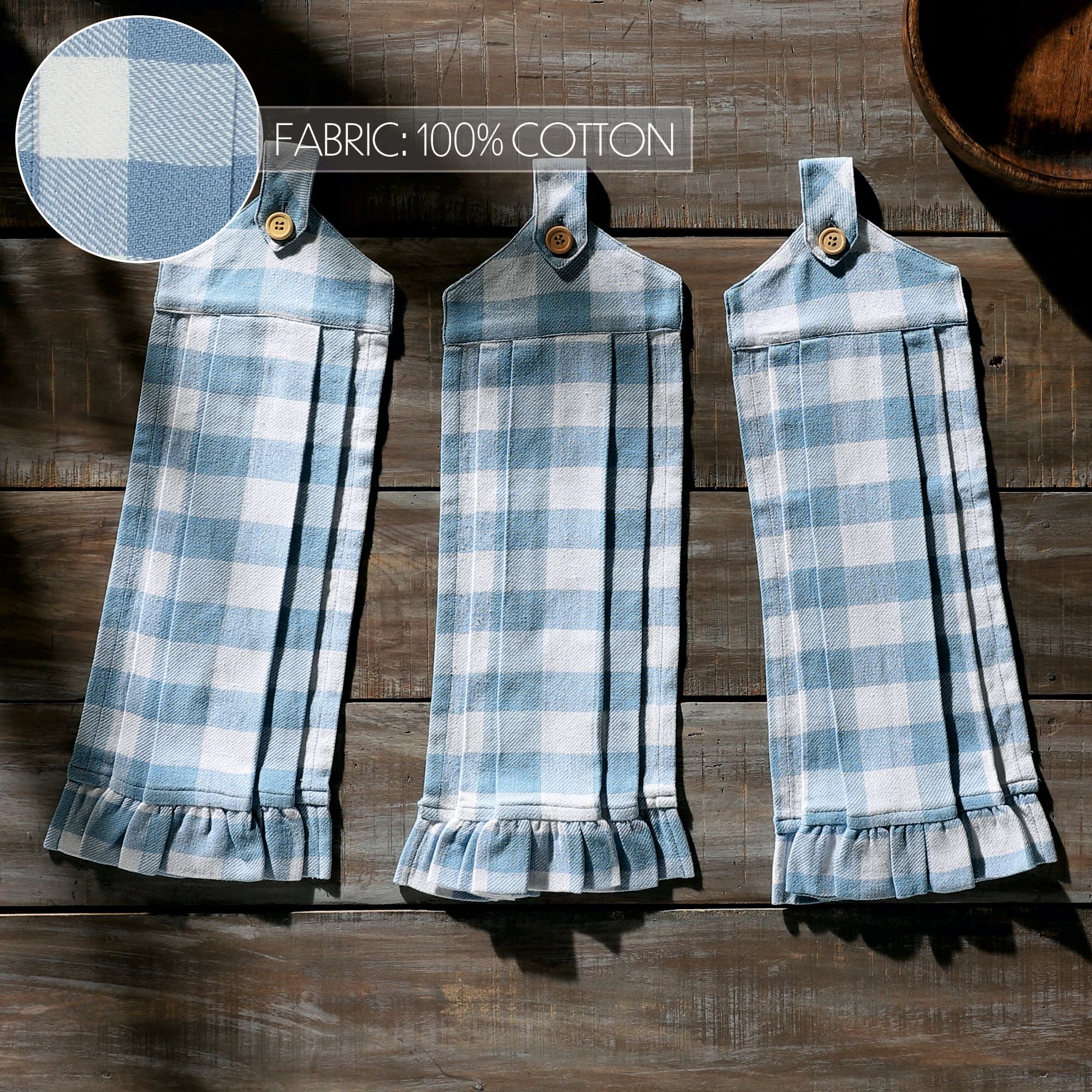 Set of 3 Annie Buffalo Check Blue Button Loop Tea Towels - Image 5