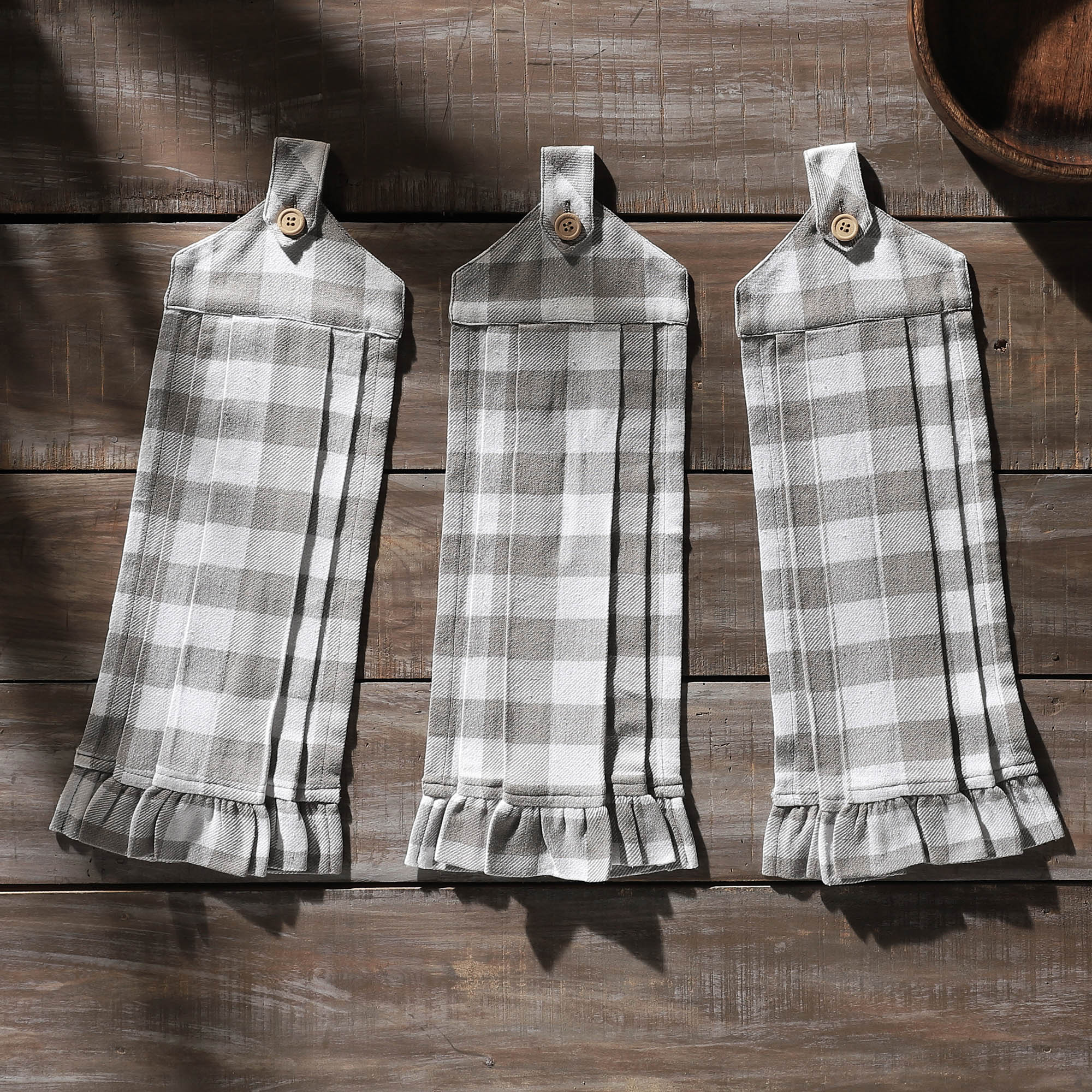 Set of 3 Annie Buffalo Check Grey Button Loop Tea Towels