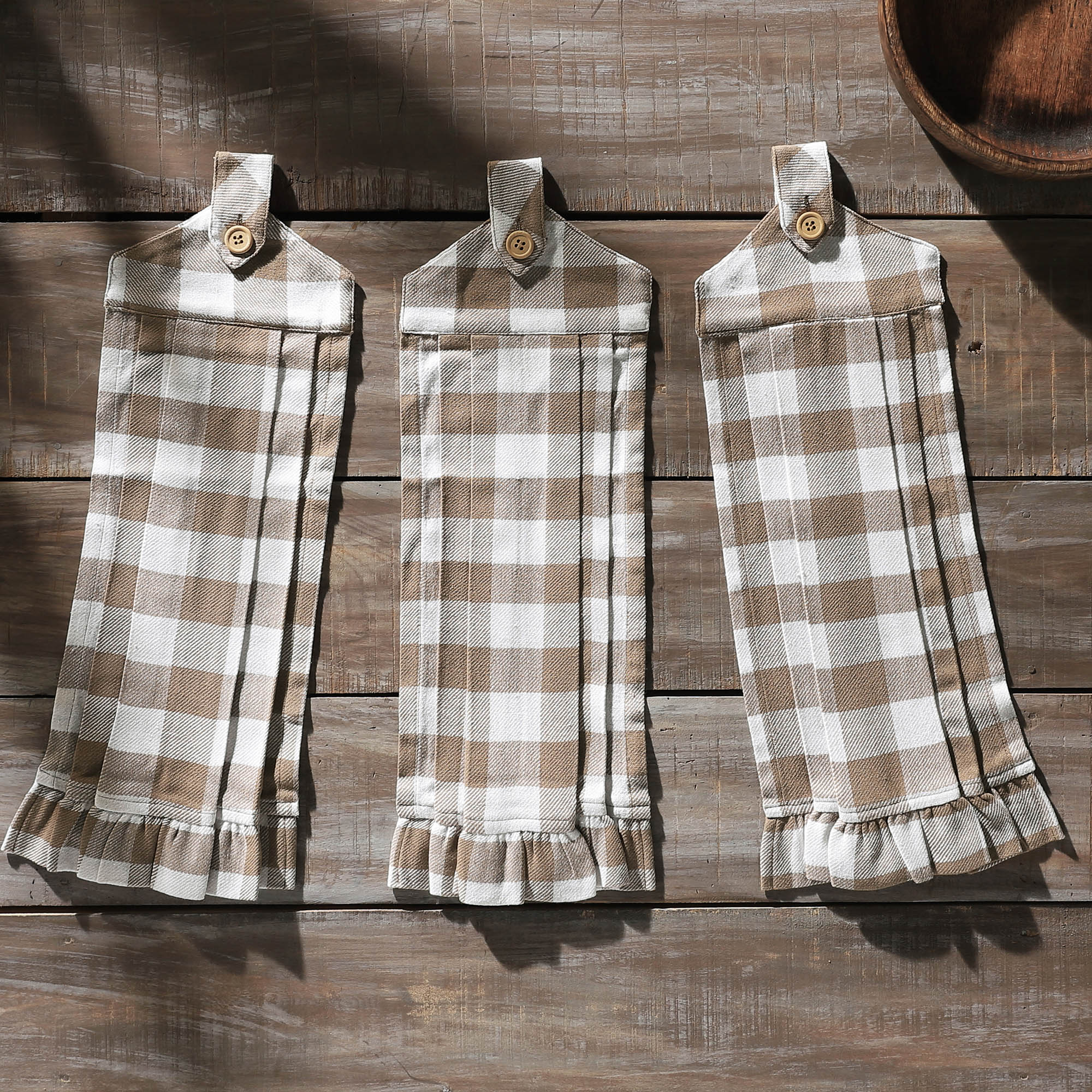 Set of 3 Annie Buffalo Check Portabella Button Loop Tea Towels