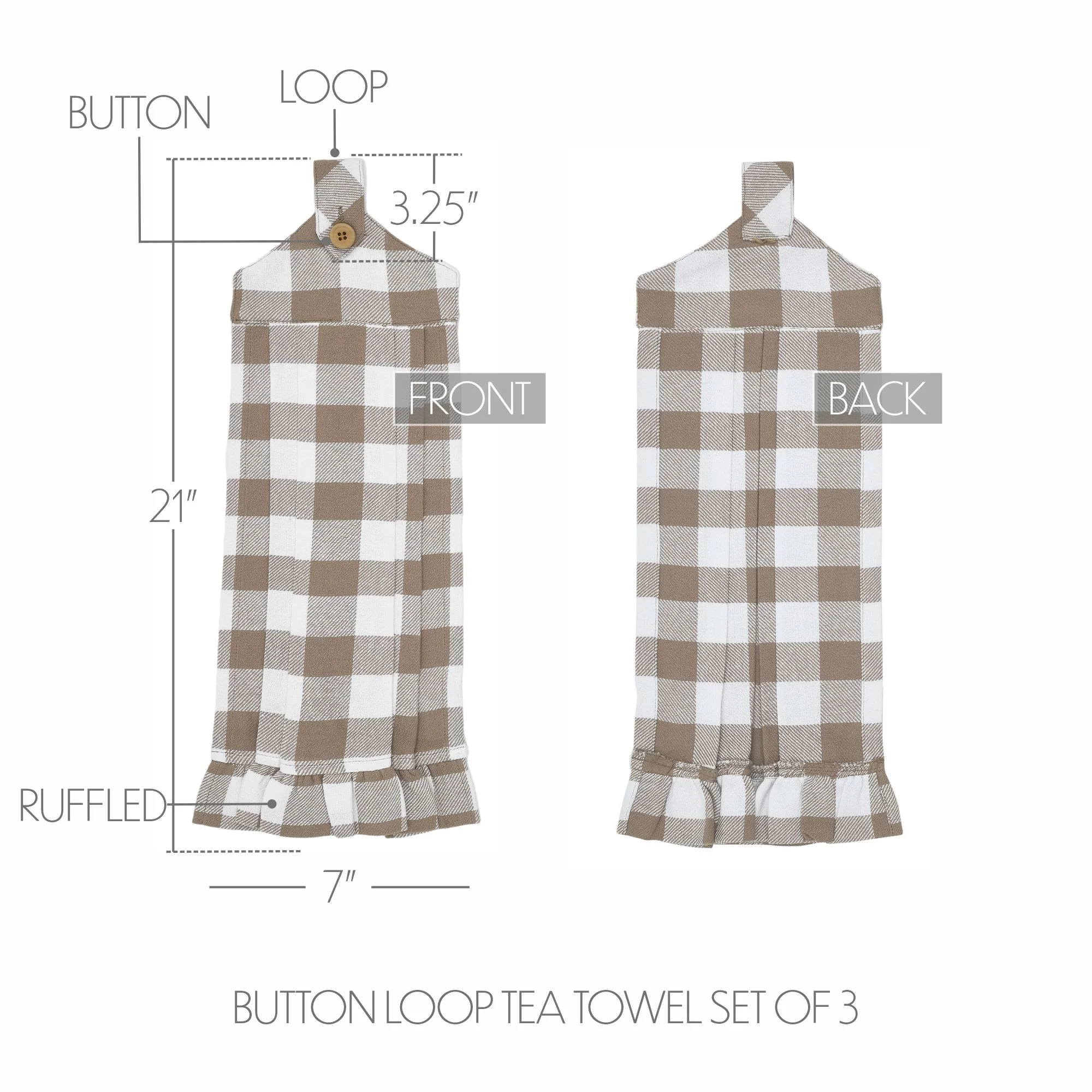Set of 3 Annie Buffalo Check Portabella Button Loop Tea Towels - Image 2