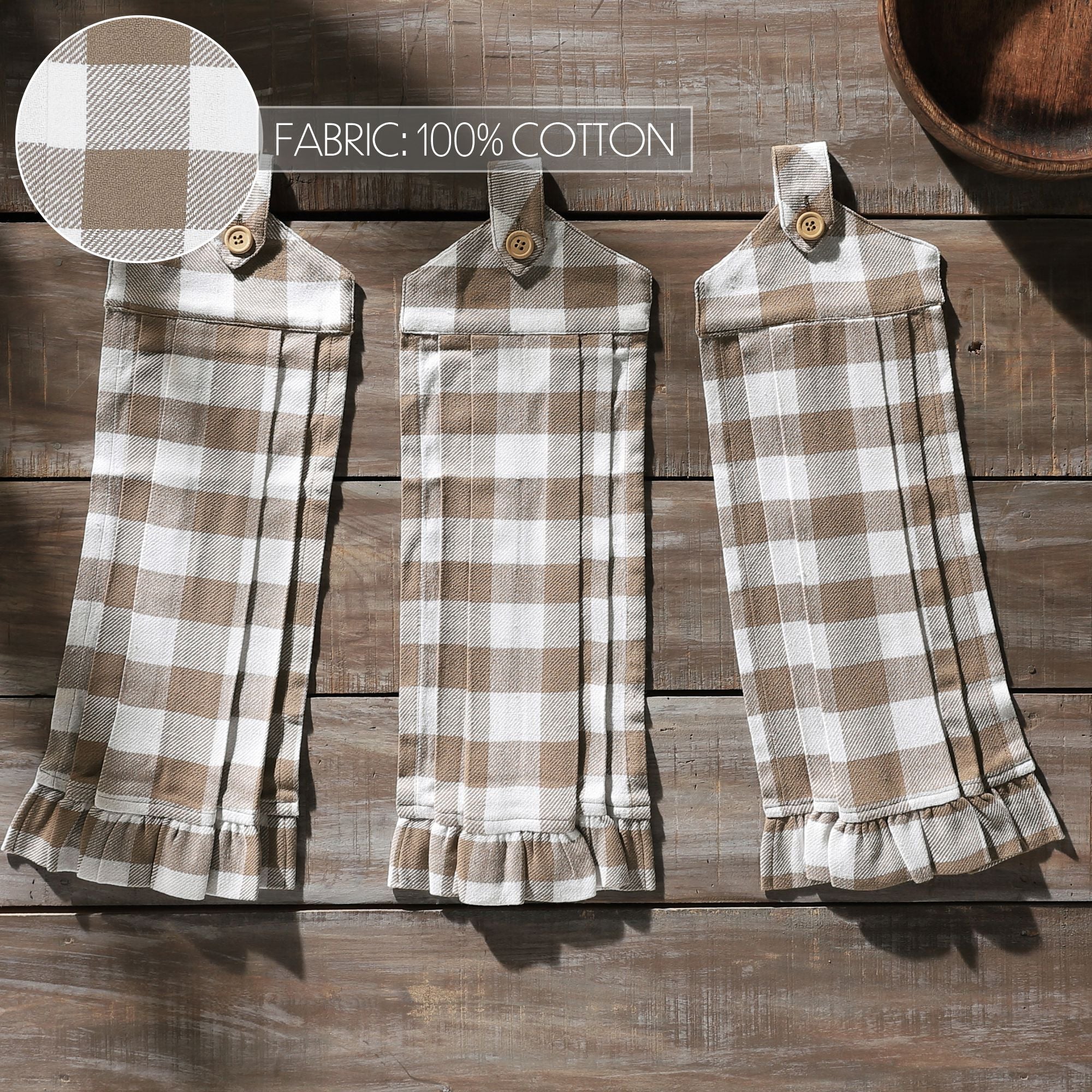 Set of 3 Annie Buffalo Check Portabella Button Loop Tea Towels - Image 3