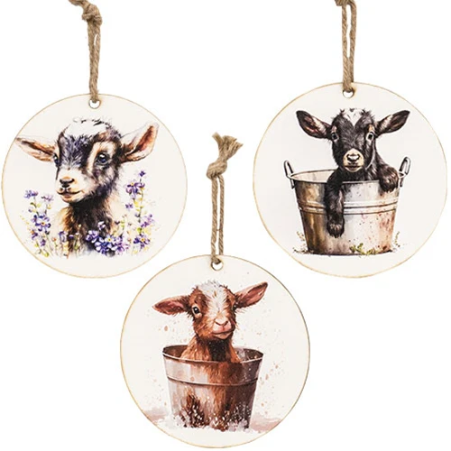 Set of 3 Baby Goat Portrait Round Ornaments
