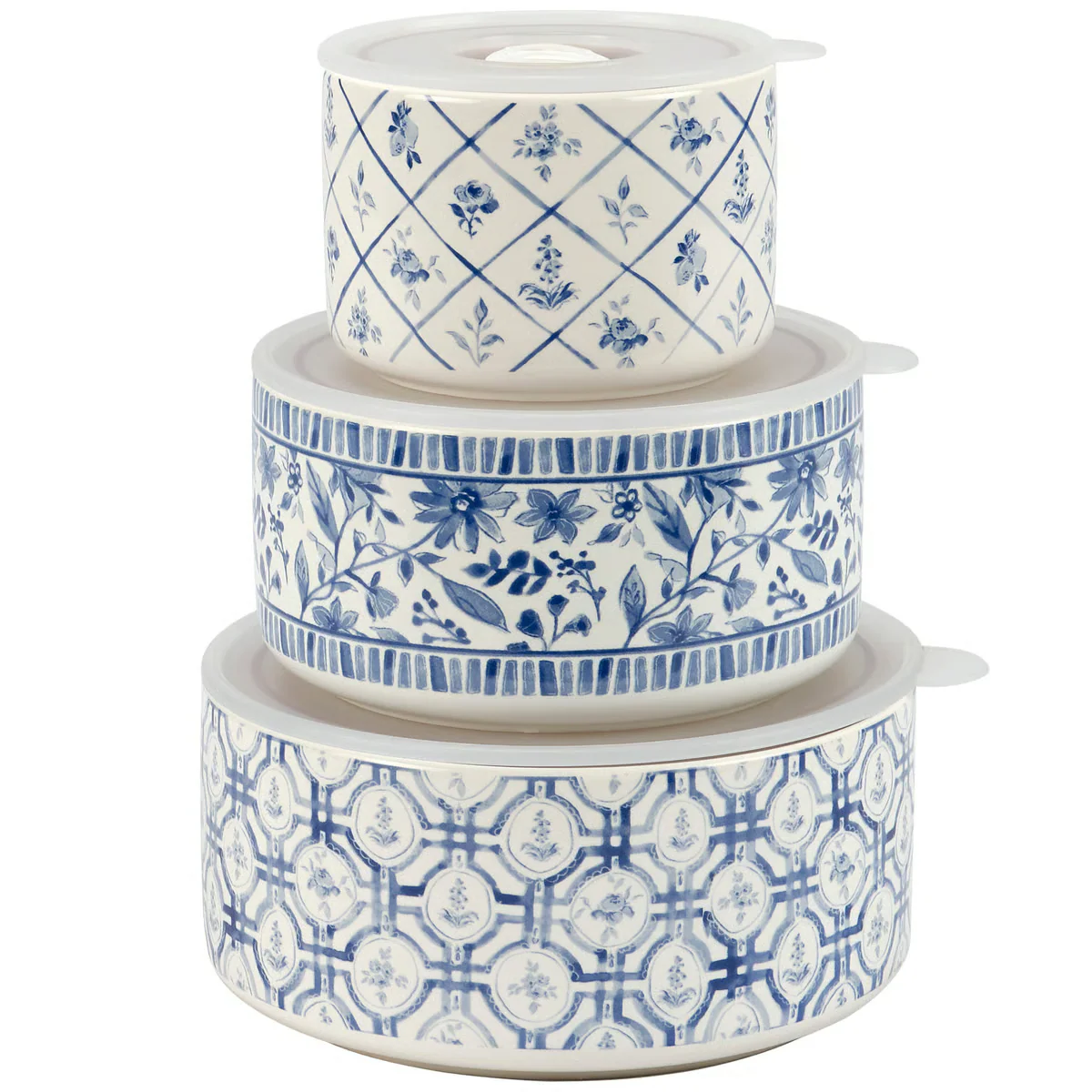 Set of 3 Blue Florals Stoneware Bowls with Lids