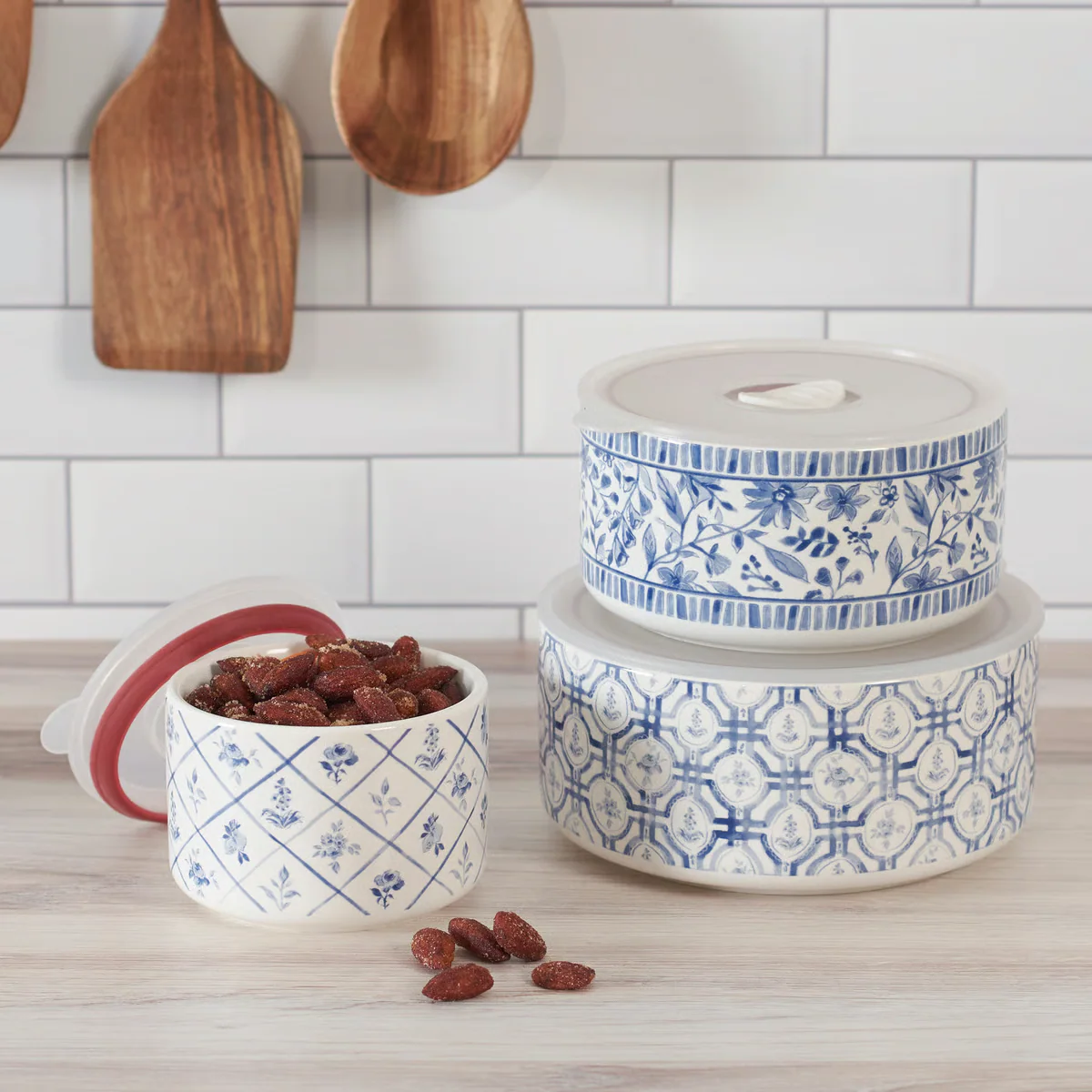 Set of 3 Blue Florals Stoneware Bowls with Lids - Image 2