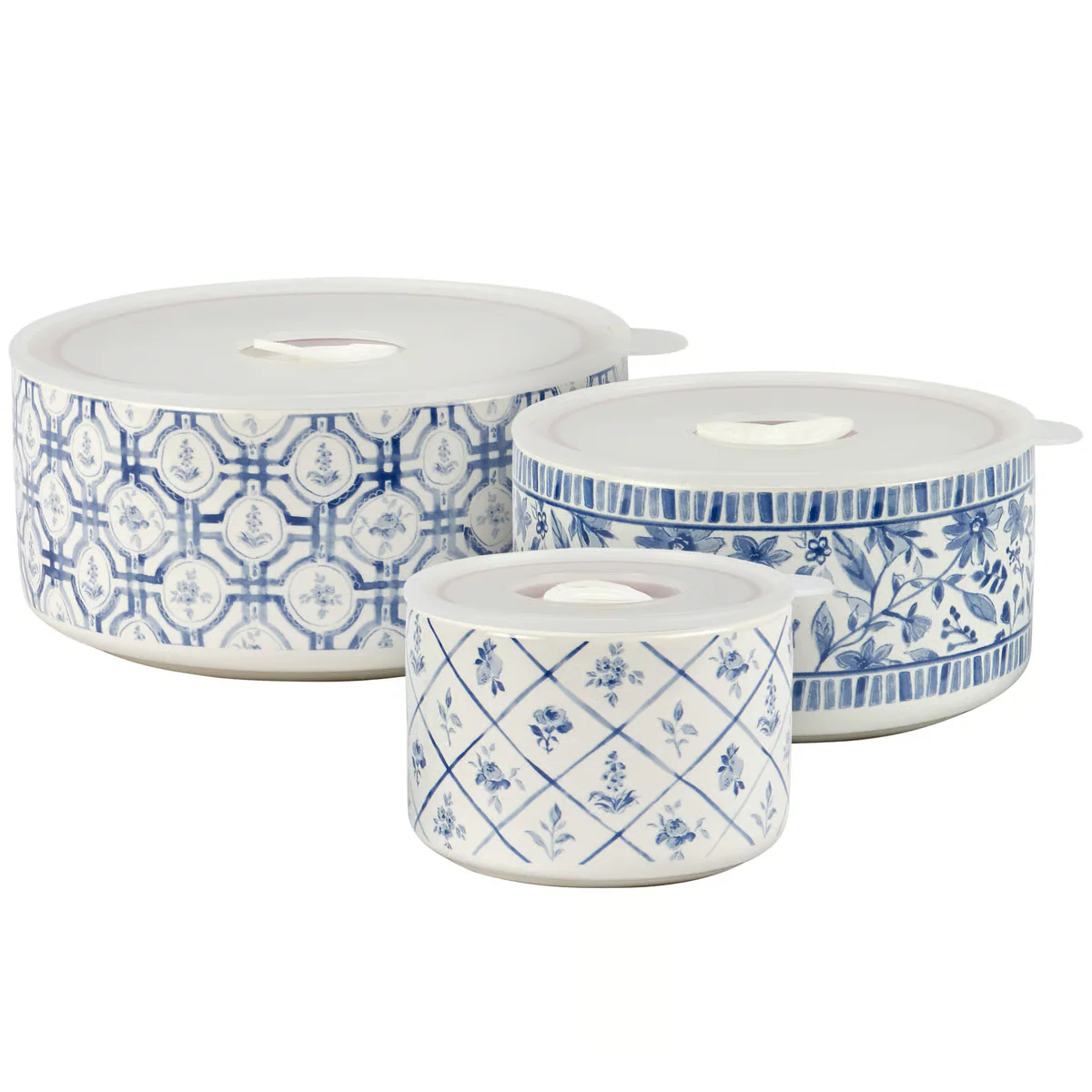 Set of 3 Blue Florals Stoneware Bowls with Lids - Image 4