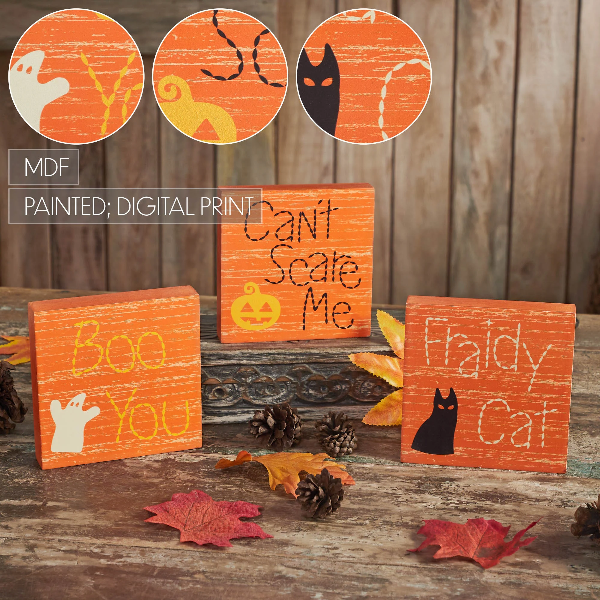 Set of 3 Boo You Can't Scare Me Fraidy Cat 5" Wooden Block Signs - Image 4