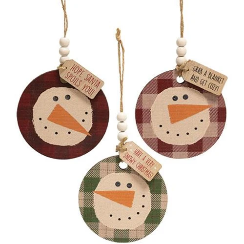 Set of 3 Buffalo Plaid Beaded Snowman Tag Ornaments