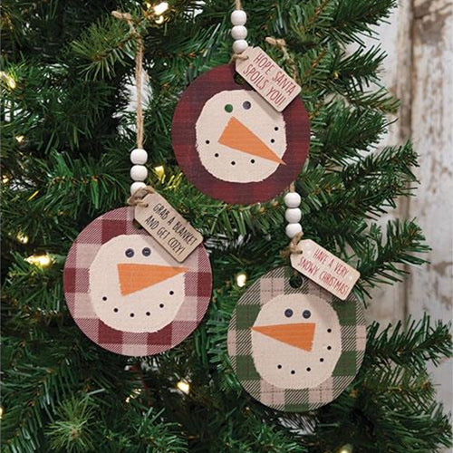 Set of 3 Buffalo Plaid Beaded Snowman Tag Ornaments - Image 2