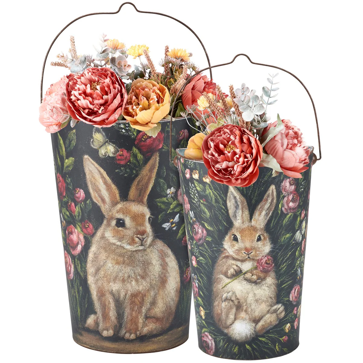 Set of 2 Bunny and Flowers Wall Buckets