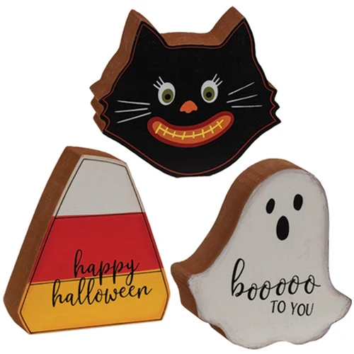 Set of 3 Candy Corn Cat and Ghost Chunky Halloween Sitters