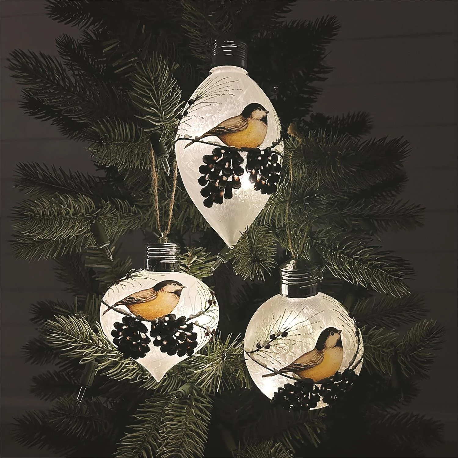 Set of 3 Chickadee & Pinecone Lighted Glass Ornaments - Image 3