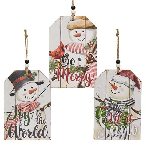 Set of 3 Christmas Snowman Beaded Wood Tags