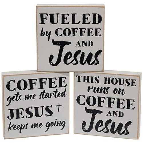Set of 3 Coffee & Jesus 4" Wooden Square Block Signs - Image 2