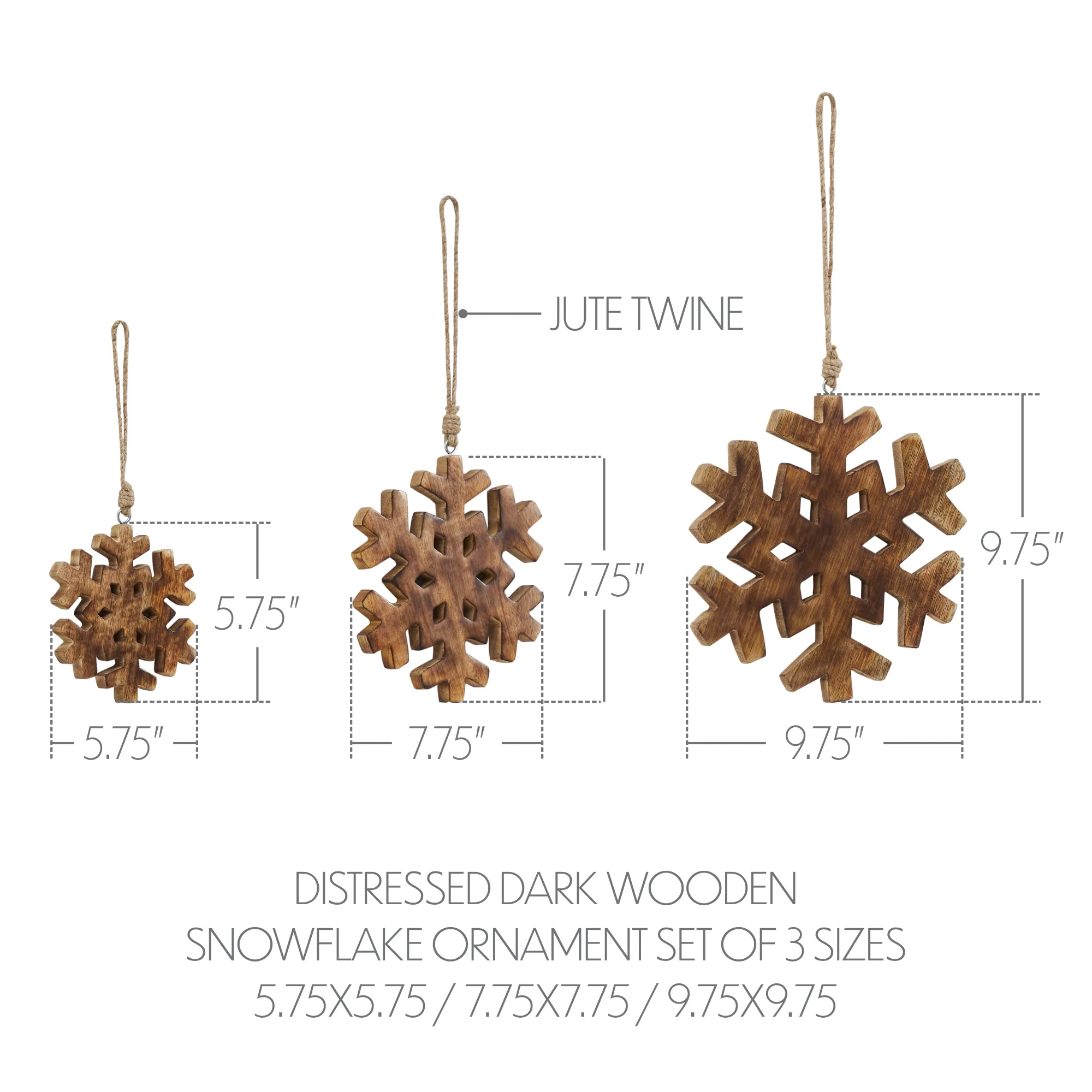 Set of 3 Distressed Dark Wooden Snowflake Ornaments - Image 3