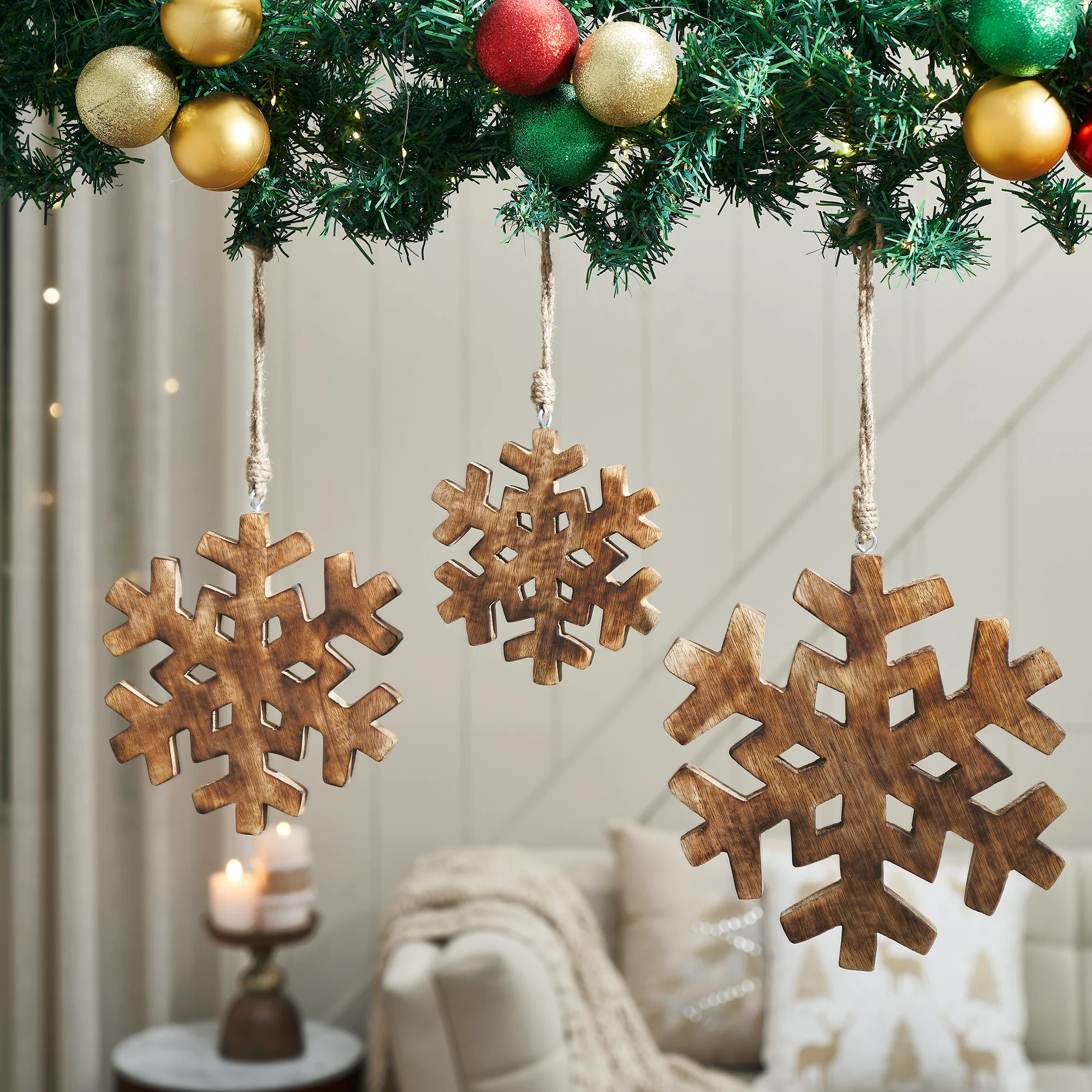 Set of 3 Distressed Dark Wooden Snowflake Ornaments - Image 4
