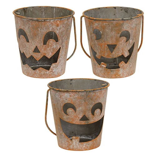 Set of 3 Distressed Metal Jack O Lantern Luminary Buckets