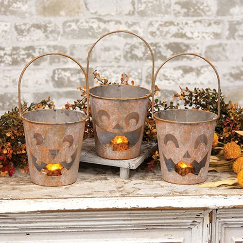 Set of 3 Distressed Metal Jack O Lantern Luminary Buckets - Image 2