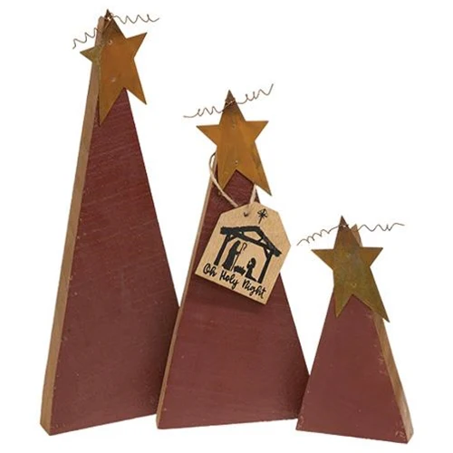 💙 Set of 3 Distressed Rustic Wood Red Christmas Trees