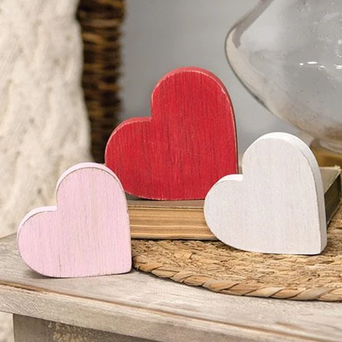 Set of 3 Distressed Wooden Heart Sitters