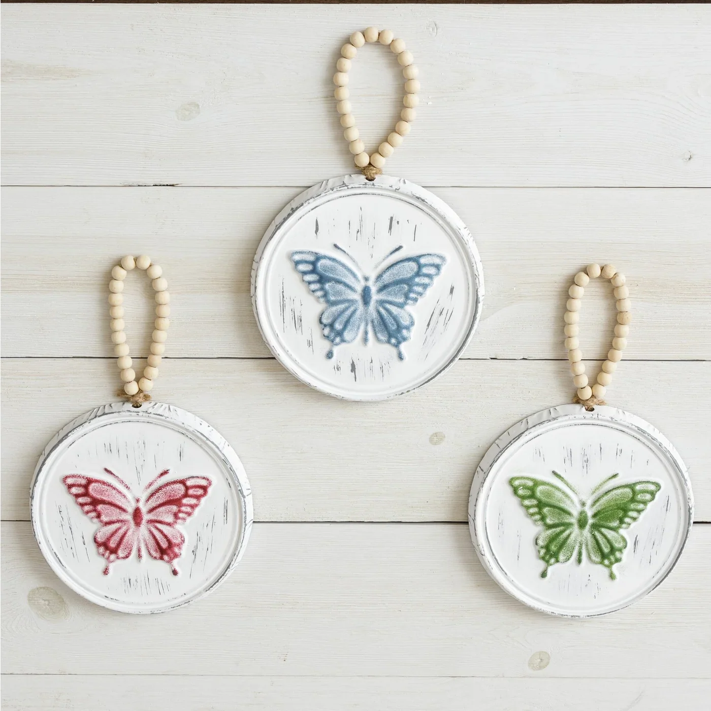 Set of 3 Embossed Metal Butterflies with Bead Hanger 7.25"