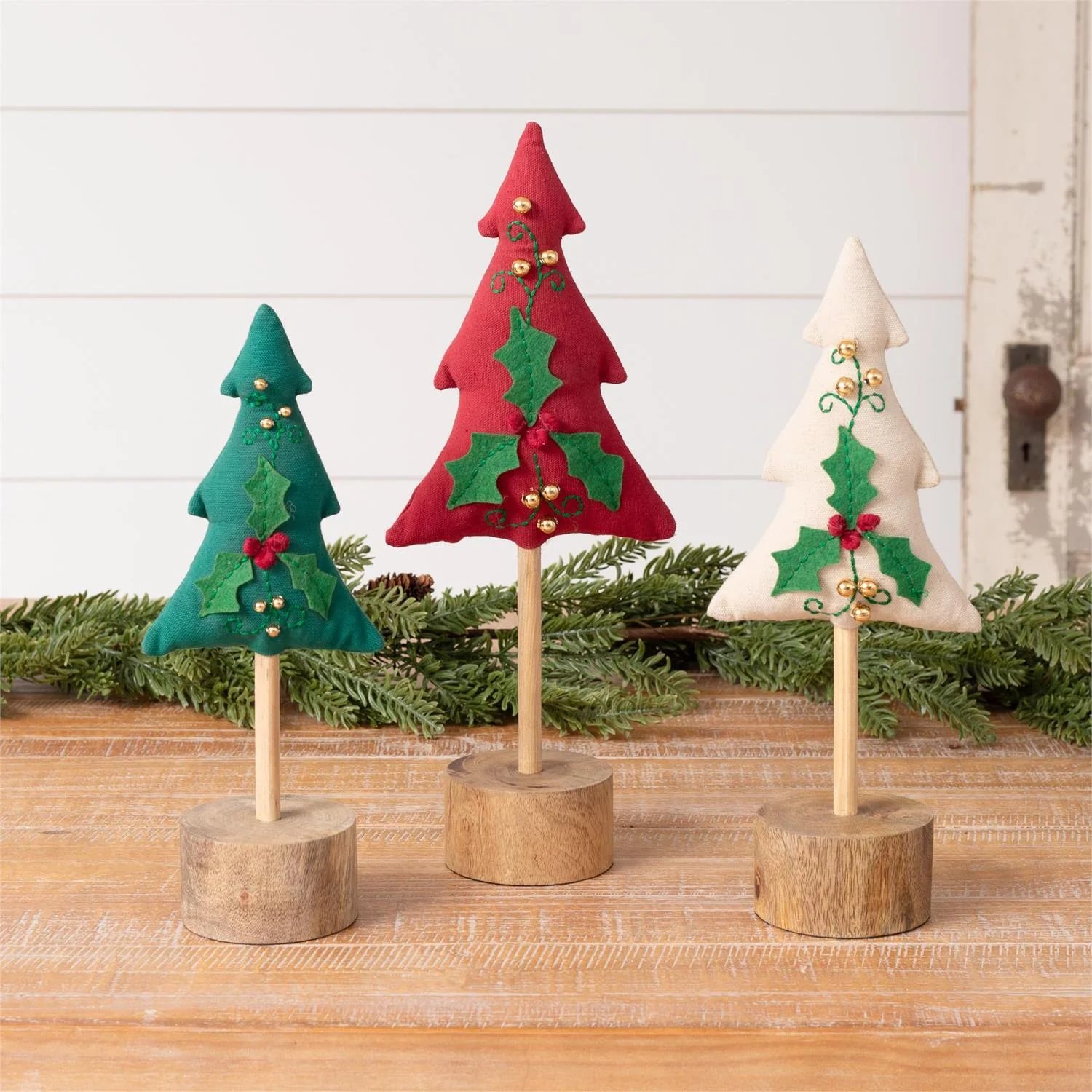 Set of 3 Embroidered Trees With Wood Base