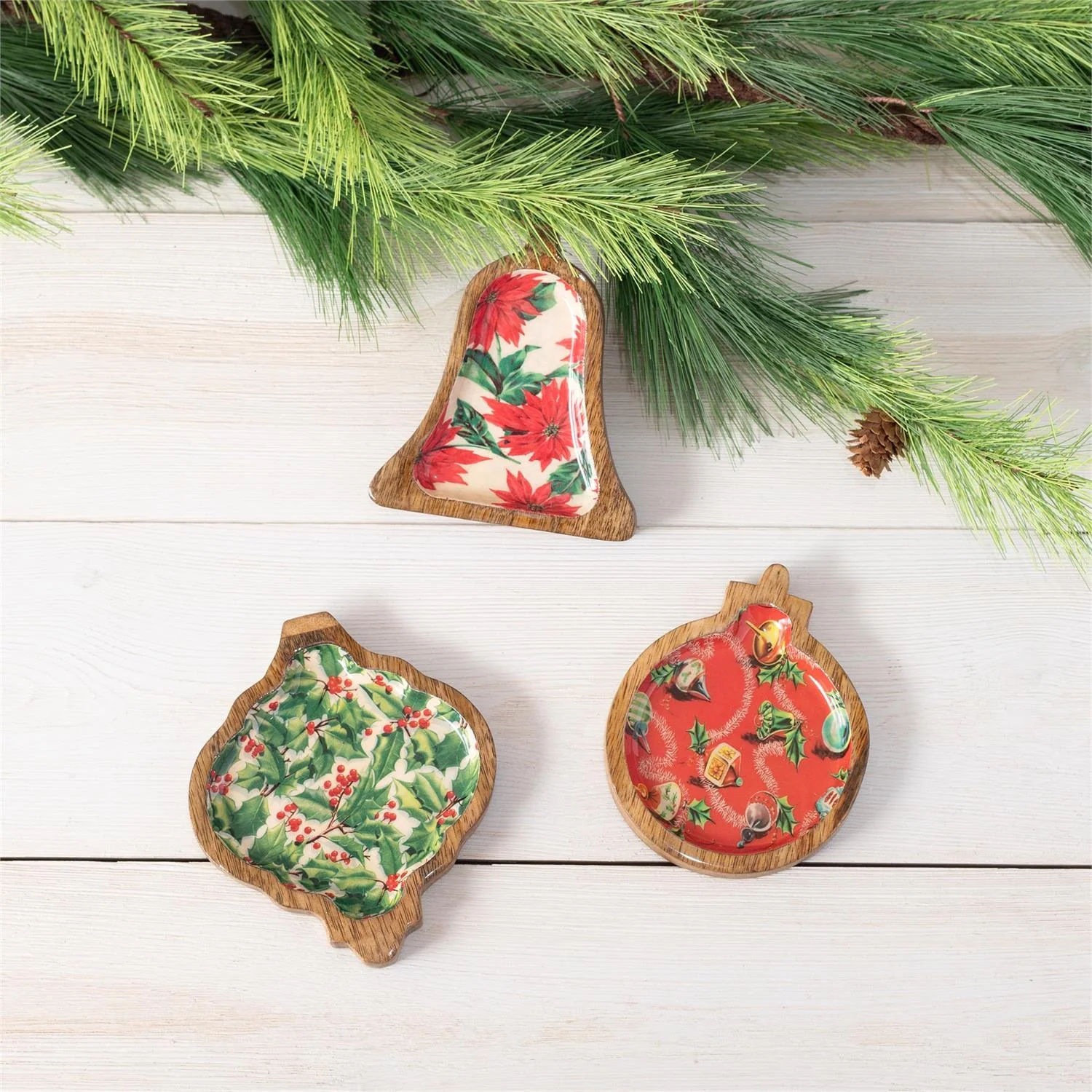 Set of 3 Enamel Wood Ornament Shaped Trinket Trays