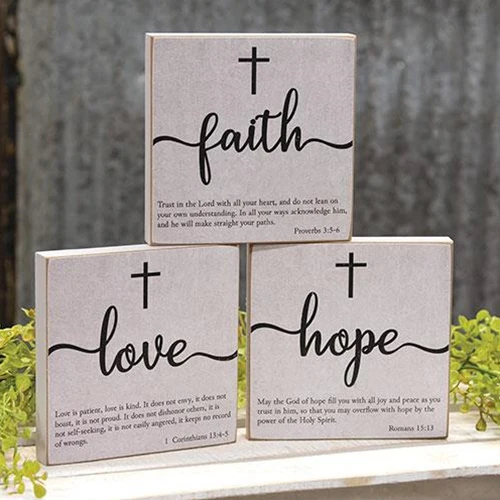 Set of 3 Faith, Hope, Love Bible Verse 5" Block Signs